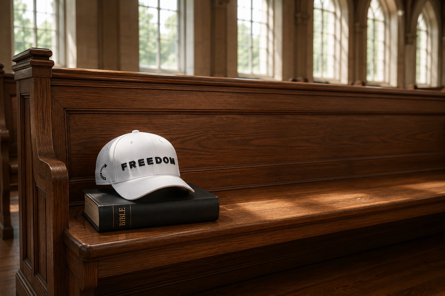 Freedom hat resting on a Bible in a church pew